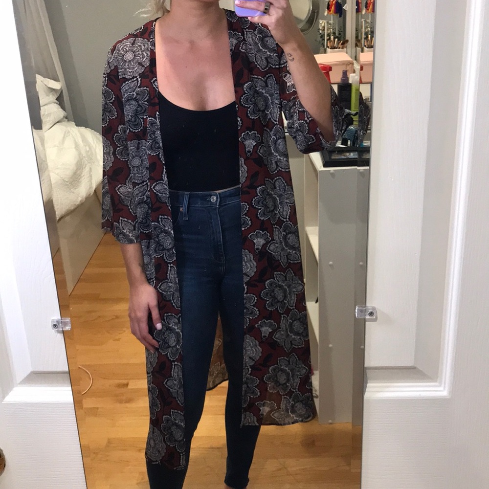 Maroon and black floral kimono